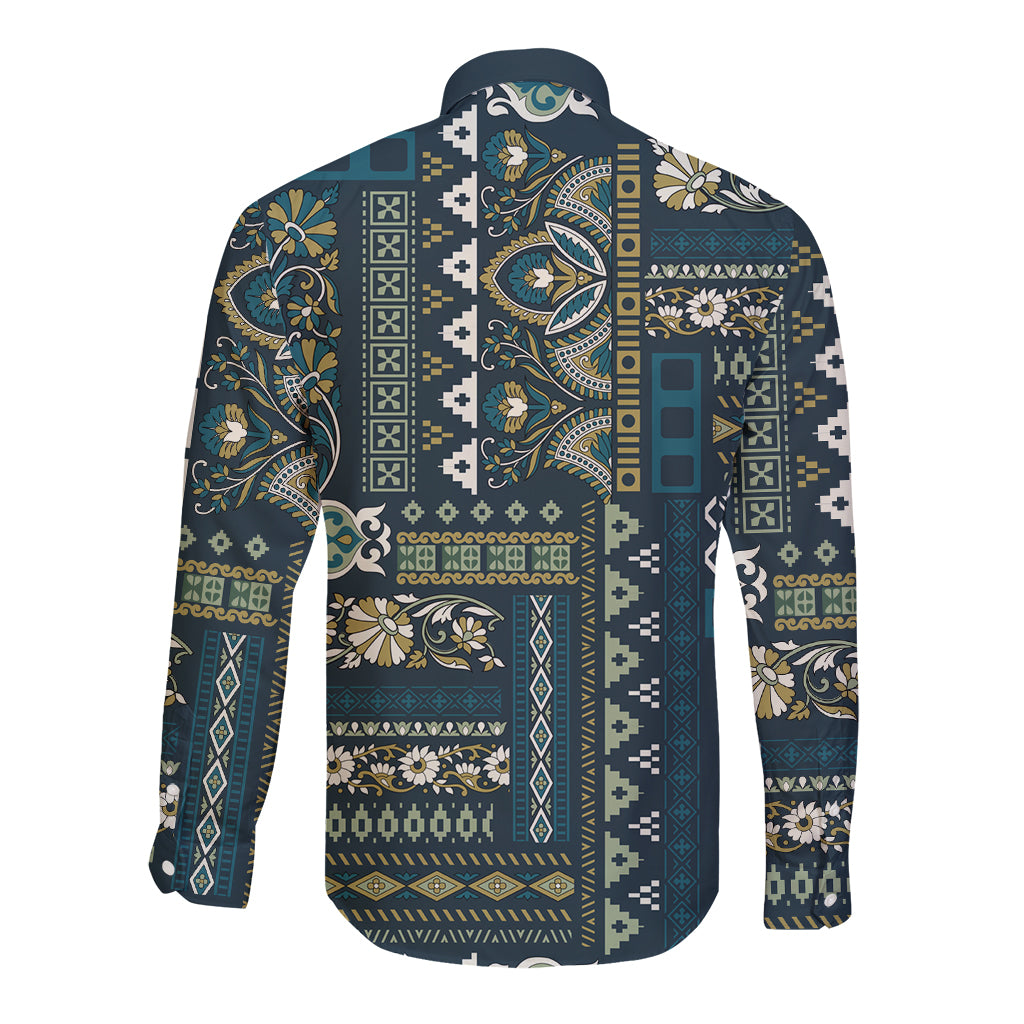 Persian Patchwork Pattern Long Sleeve Button Shirt Unique Blue - Wonder Print Shop