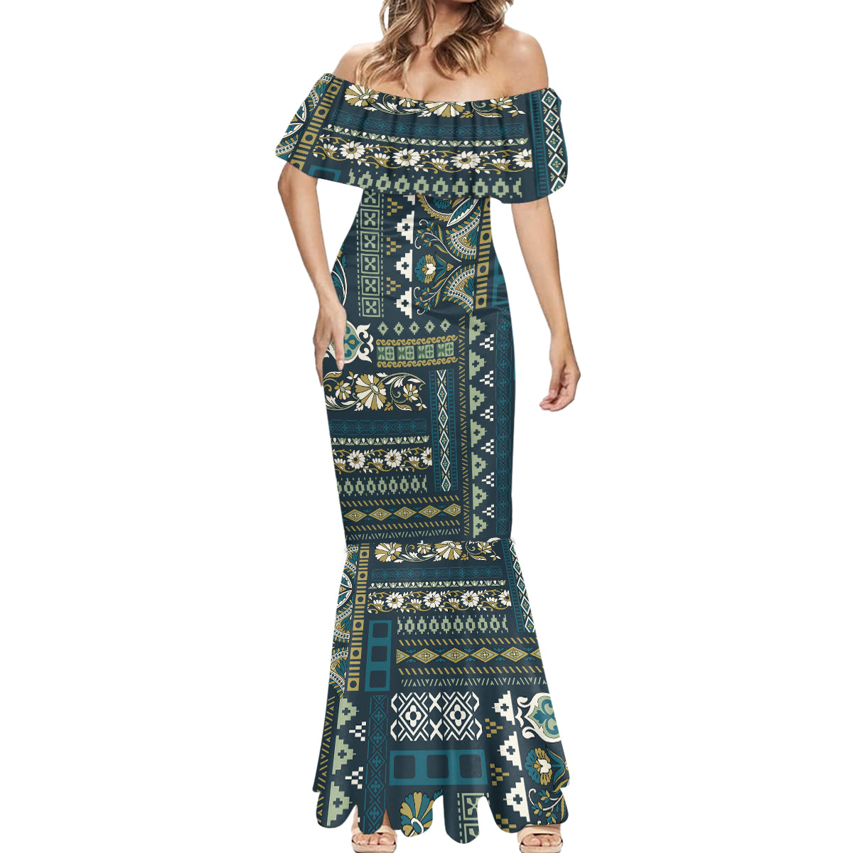 Persian Patchwork Pattern Mermaid Dress Unique Blue - Wonder Print Shop