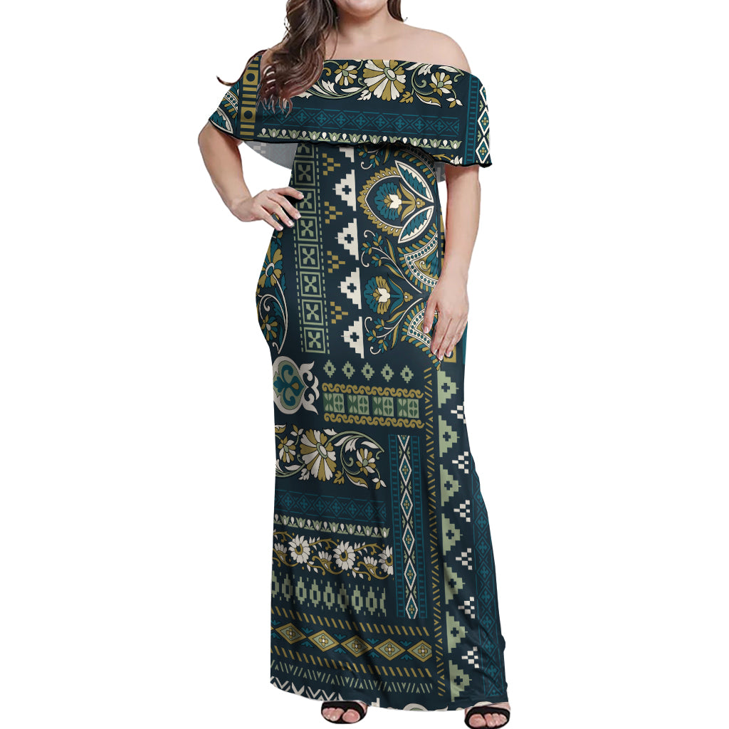 Persian Patchwork Pattern Off Shoulder Maxi Dress Unique Blue - Wonder Print Shop