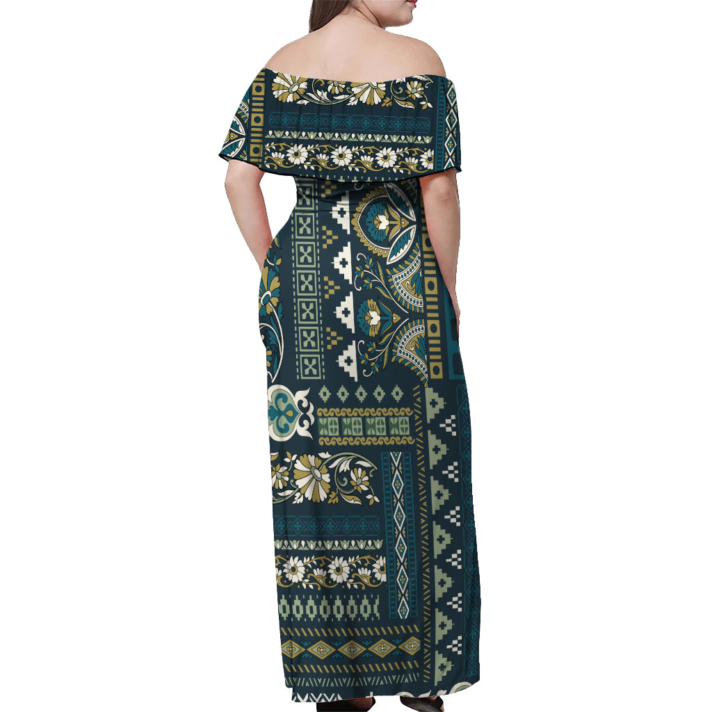 Persian Patchwork Pattern Off Shoulder Maxi Dress Unique Blue - Wonder Print Shop