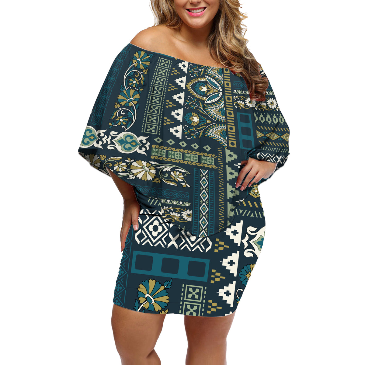 Persian Patchwork Pattern Off Shoulder Short Dress Unique Blue - Wonder Print Shop