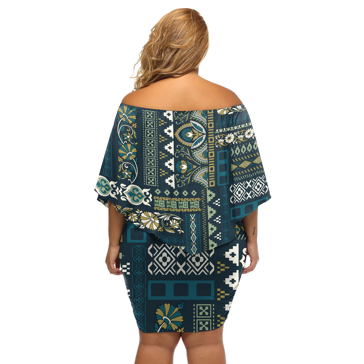 Persian Patchwork Pattern Off Shoulder Short Dress Unique Blue - Wonder Print Shop