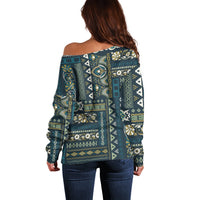 Persian Patchwork Pattern Off Shoulder Sweater Unique Blue - Wonder Print Shop