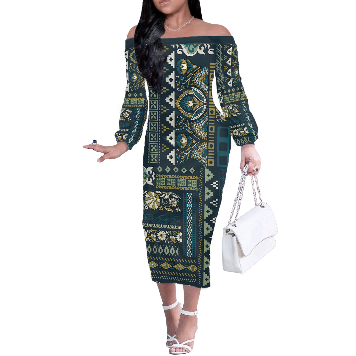 Persian Patchwork Pattern Off The Shoulder Long Sleeve Dress Unique Blue - Wonder Print Shop