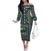 Persian Patchwork Pattern Off The Shoulder Long Sleeve Dress Unique Blue - Wonder Print Shop
