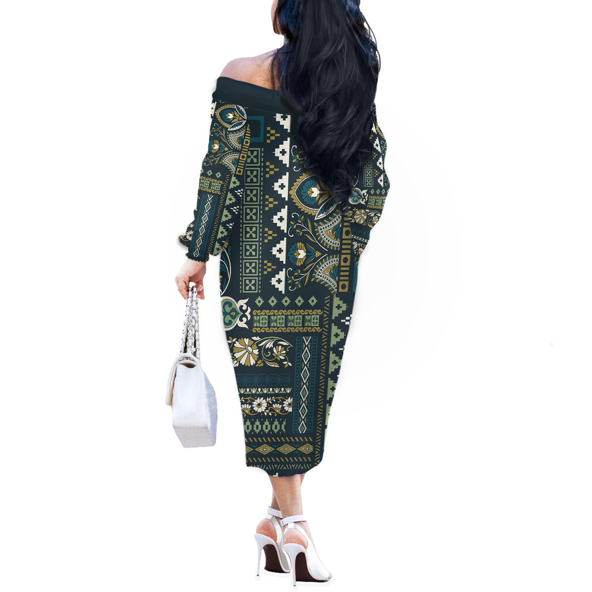 Persian Patchwork Pattern Off The Shoulder Long Sleeve Dress Unique Blue - Wonder Print Shop
