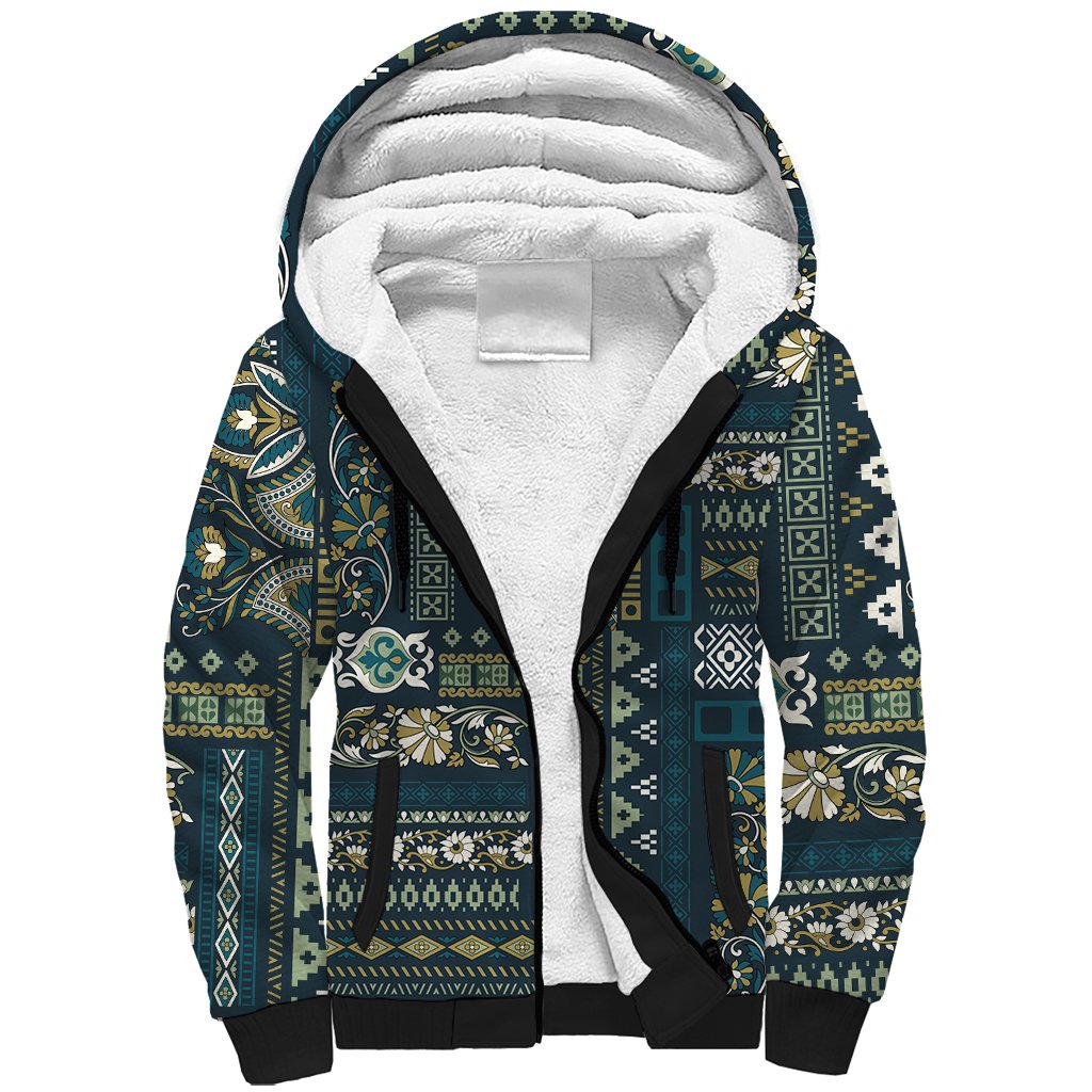 Persian Patchwork Pattern Sherpa Hoodie Unique Blue - Wonder Print Shop