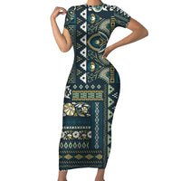 Persian Patchwork Pattern Short Sleeve Bodycon Dress Unique Blue - Wonder Print Shop