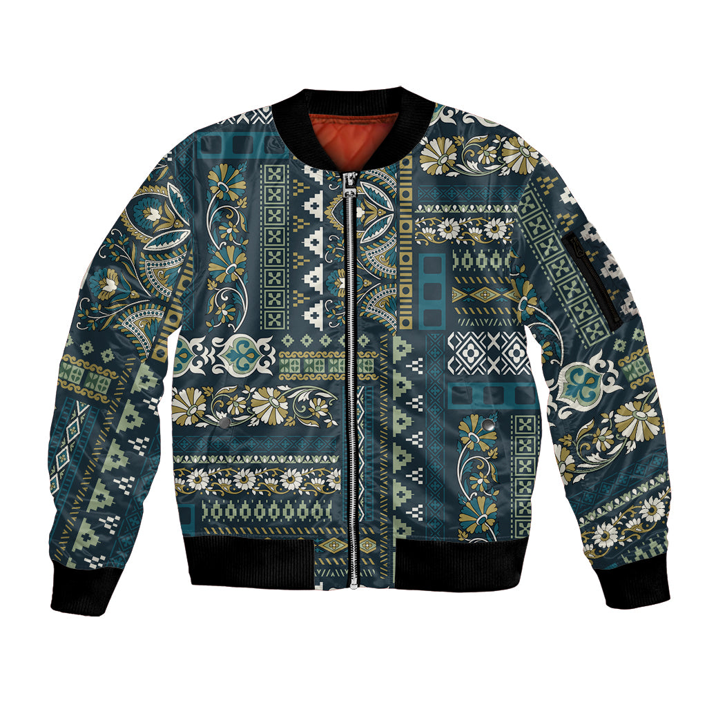 Persian Patchwork Pattern Sleeve Zip Bomber Jacket Unique Blue - Wonder Print Shop