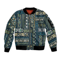 Persian Patchwork Pattern Sleeve Zip Bomber Jacket Unique Blue - Wonder Print Shop