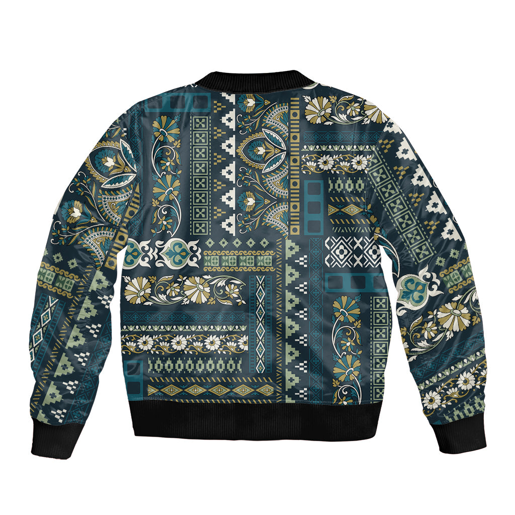 Persian Patchwork Pattern Sleeve Zip Bomber Jacket Unique Blue - Wonder Print Shop