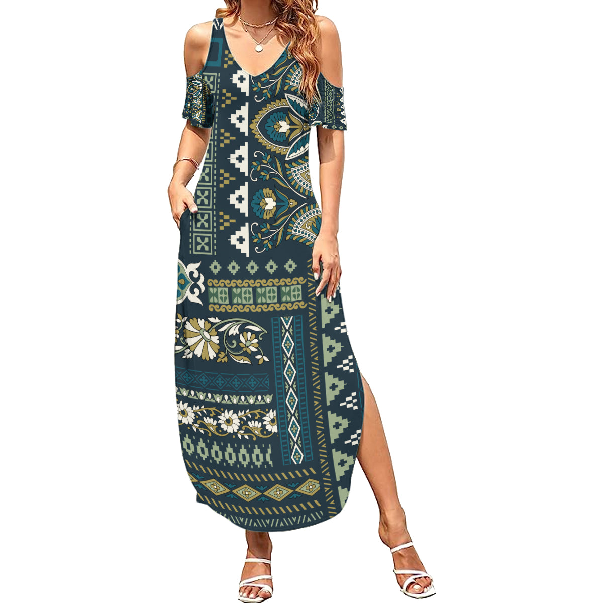 Persian Patchwork Pattern Summer Maxi Dress Unique Blue - Wonder Print Shop