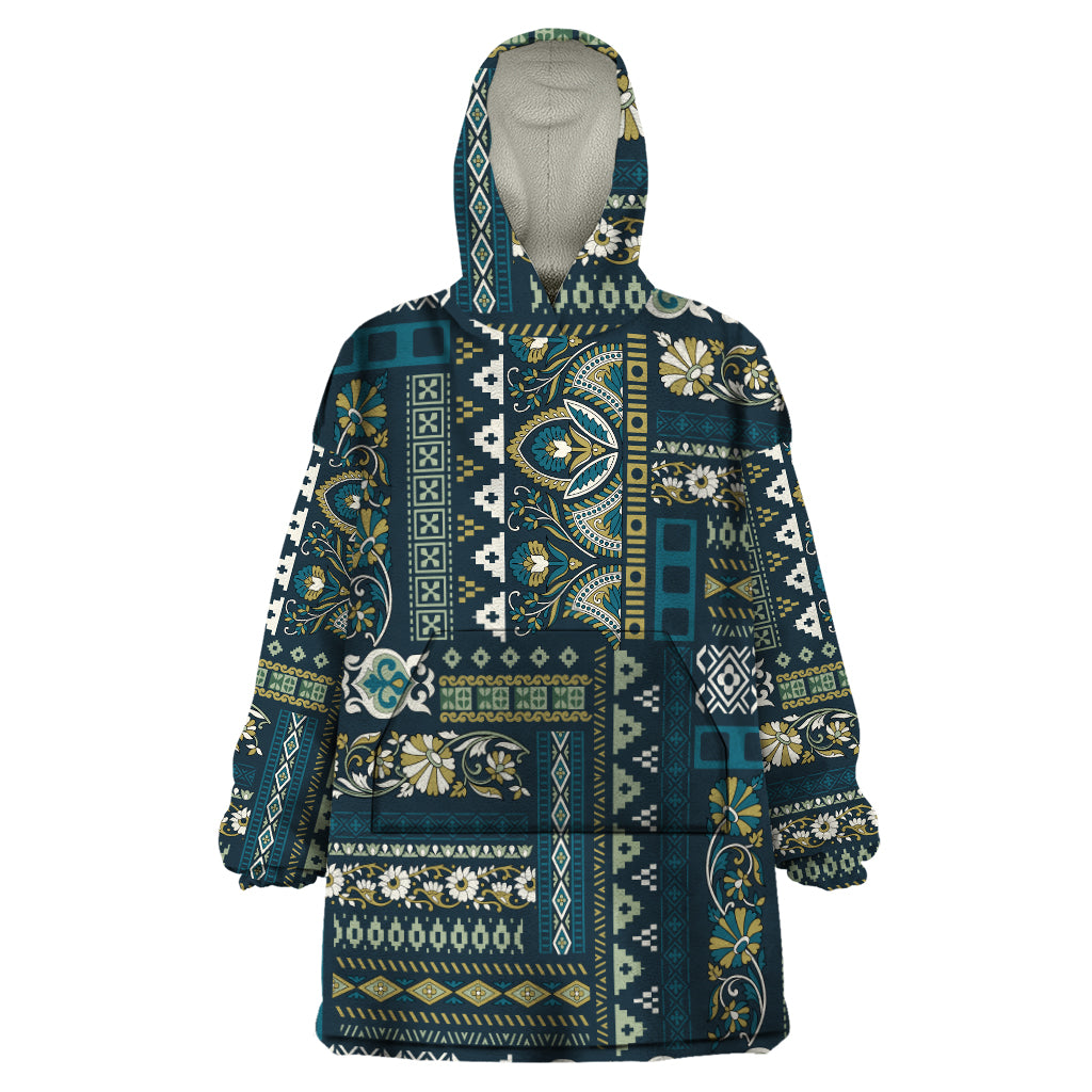 Persian Patchwork Pattern Wearable Blanket Hoodie Unique Blue - Wonder Print Shop