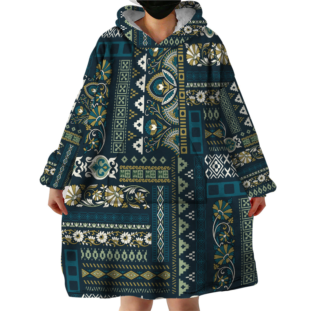 Persian Patchwork Pattern Wearable Blanket Hoodie Unique Blue - Wonder Print Shop