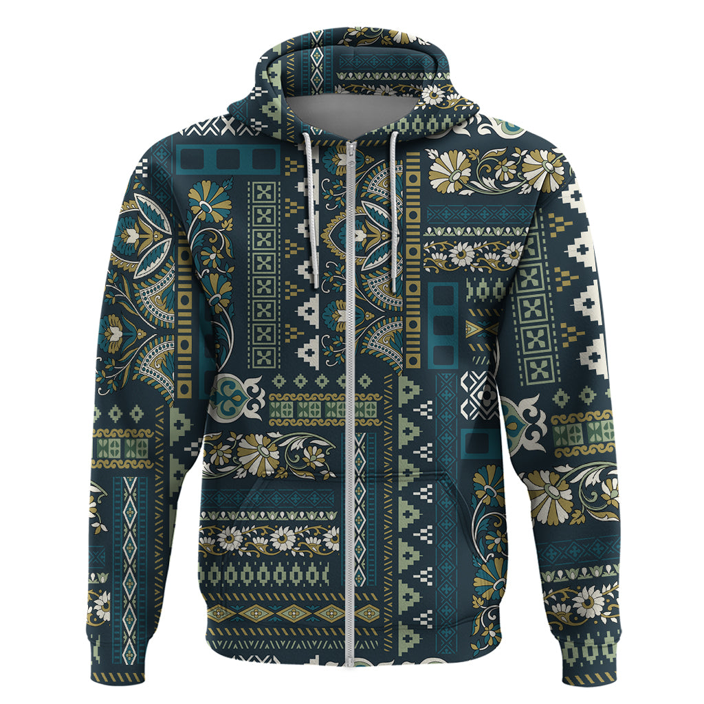 Persian Patchwork Pattern Zip Hoodie Unique Blue - Wonder Print Shop