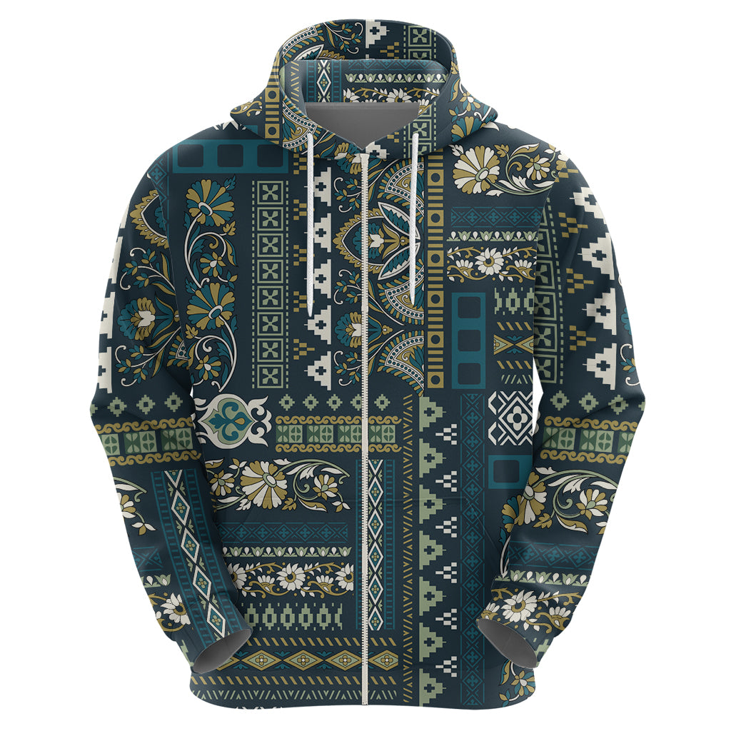 Persian Patchwork Pattern Zip Hoodie Unique Blue - Wonder Print Shop