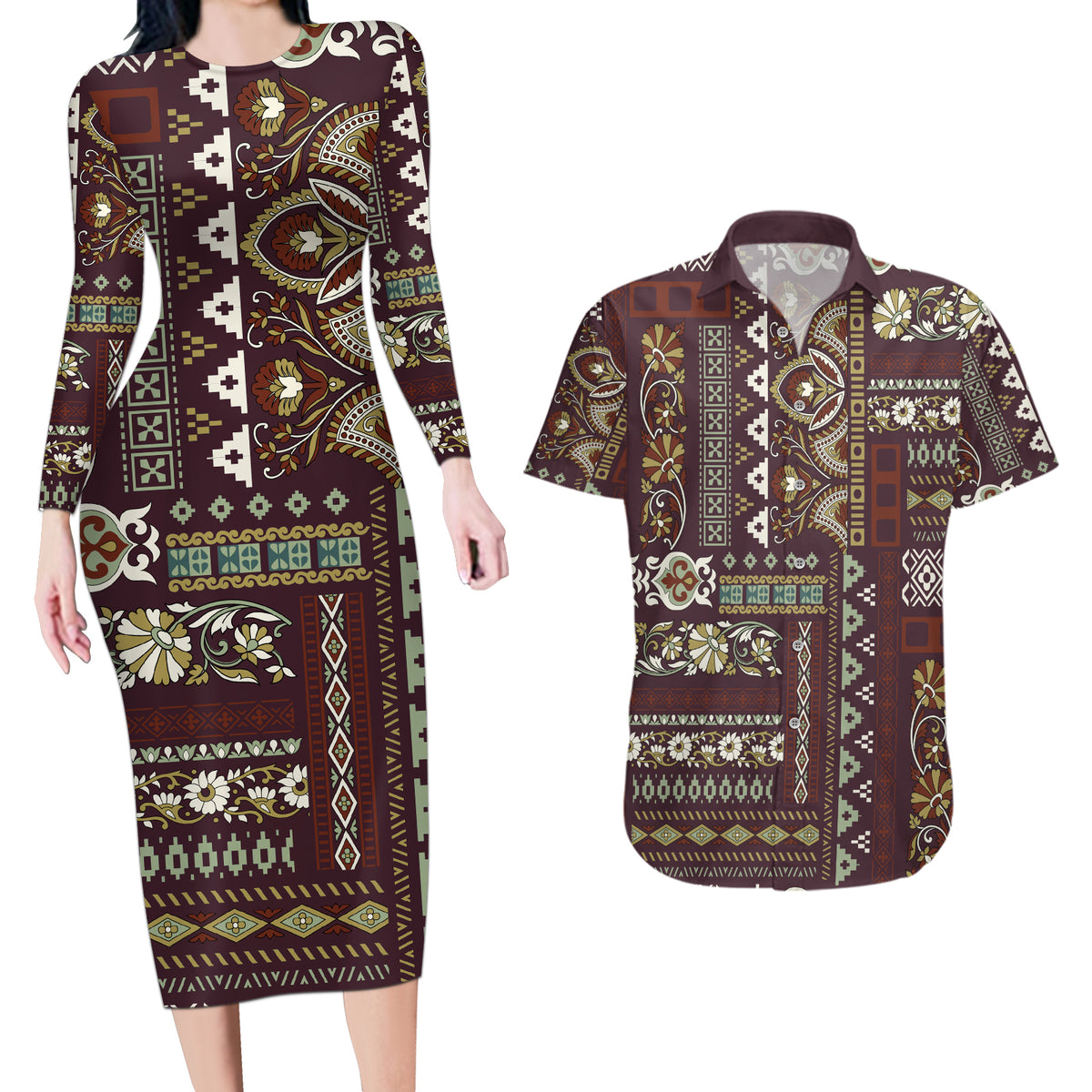 Persian Patchwork Pattern Couples Matching Long Sleeve Bodycon Dress and Hawaiian Shirt Unique Brown - Wonder Print Shop