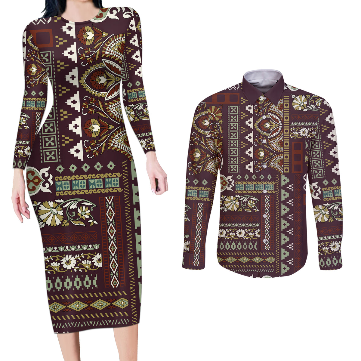 Persian Patchwork Pattern Couples Matching Long Sleeve Bodycon Dress and Long Sleeve Button Shirt Unique Brown - Wonder Print Shop