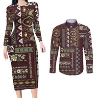 Persian Patchwork Pattern Couples Matching Long Sleeve Bodycon Dress and Long Sleeve Button Shirt Unique Brown - Wonder Print Shop