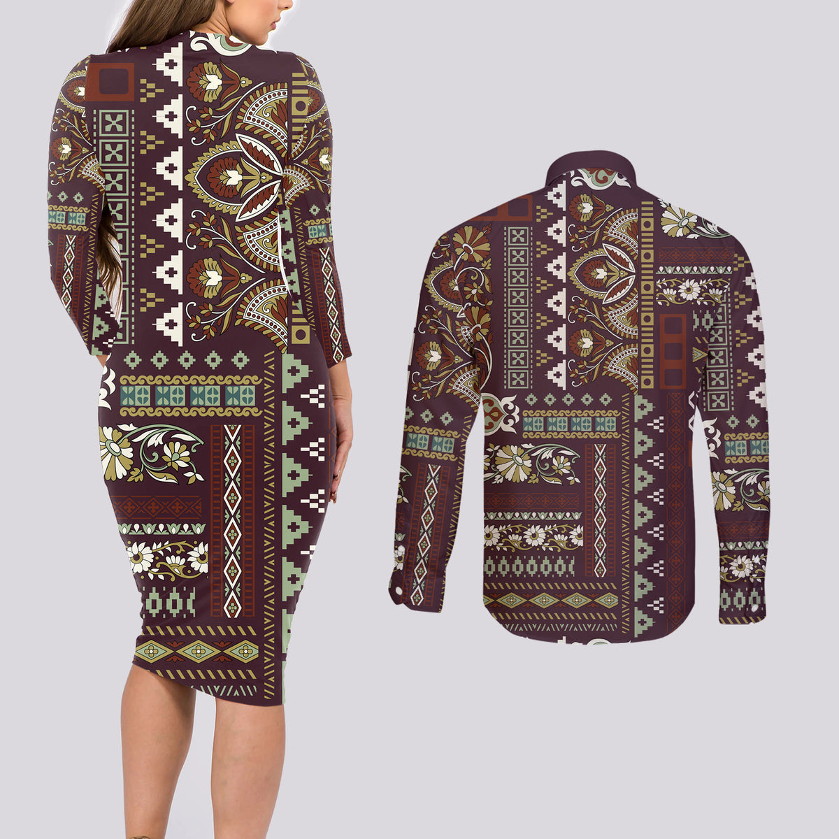 Persian Patchwork Pattern Couples Matching Long Sleeve Bodycon Dress and Long Sleeve Button Shirt Unique Brown - Wonder Print Shop