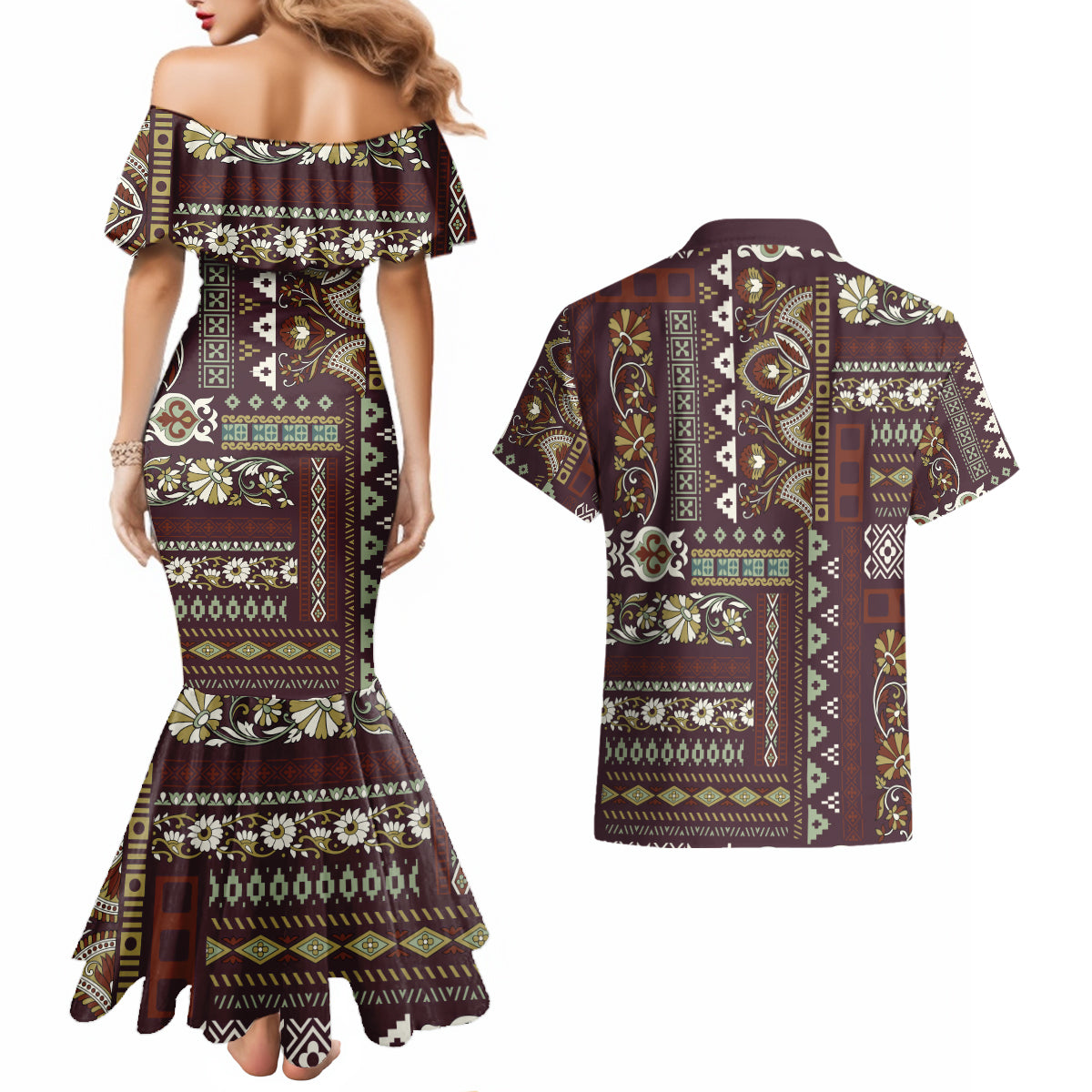 Persian Patchwork Pattern Couples Matching Mermaid Dress and Hawaiian Shirt Unique Brown - Wonder Print Shop