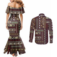 Persian Patchwork Pattern Couples Matching Mermaid Dress and Long Sleeve Button Shirt Unique Brown