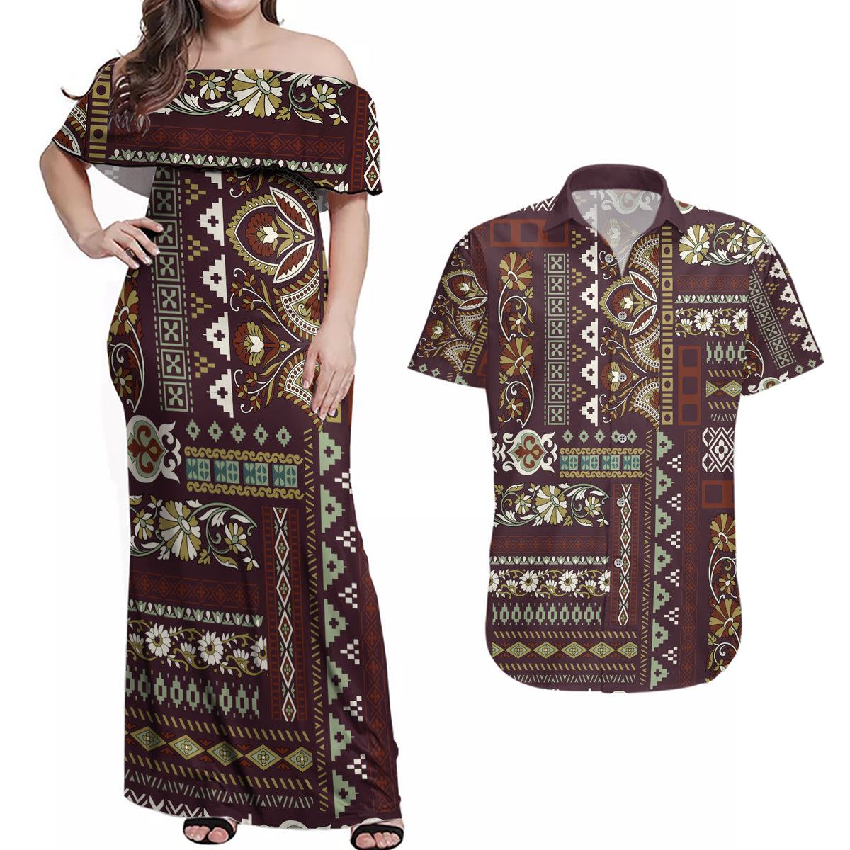 Persian Patchwork Pattern Couples Matching Off Shoulder Maxi Dress and Hawaiian Shirt Unique Brown - Wonder Print Shop