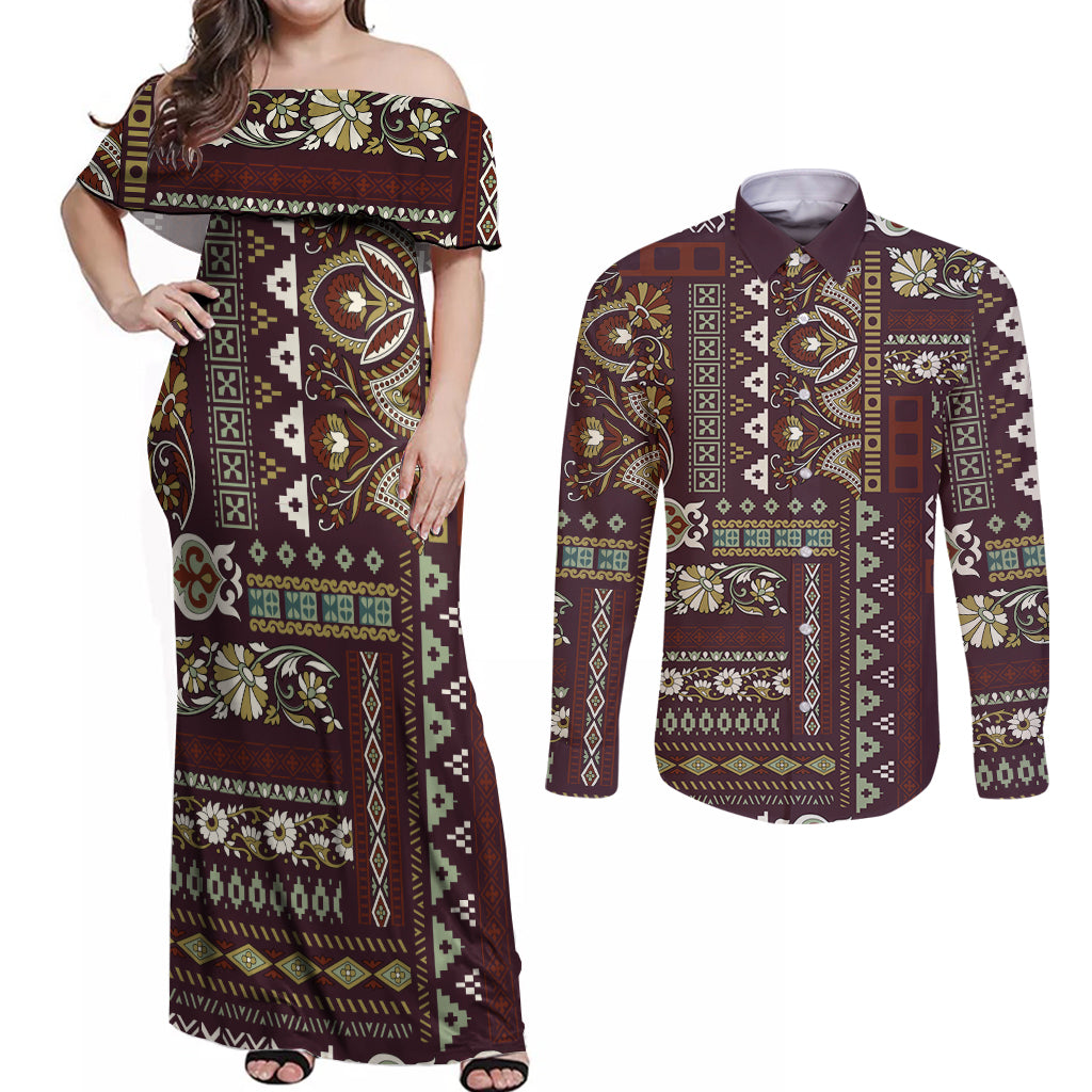Persian Patchwork Pattern Couples Matching Off Shoulder Maxi Dress and Long Sleeve Button Shirt Unique Brown - Wonder Print Shop