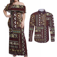 Persian Patchwork Pattern Couples Matching Off Shoulder Maxi Dress and Long Sleeve Button Shirt Unique Brown - Wonder Print Shop