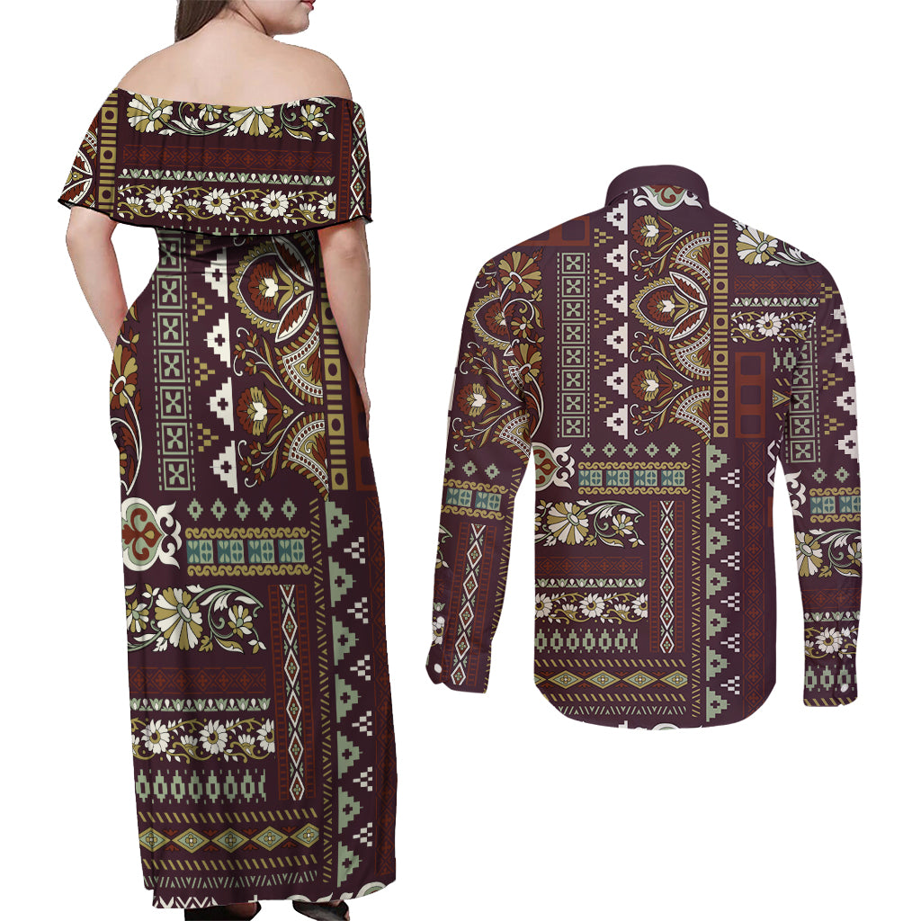 Persian Patchwork Pattern Couples Matching Off Shoulder Maxi Dress and Long Sleeve Button Shirt Unique Brown - Wonder Print Shop