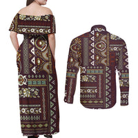 Persian Patchwork Pattern Couples Matching Off Shoulder Maxi Dress and Long Sleeve Button Shirt Unique Brown - Wonder Print Shop