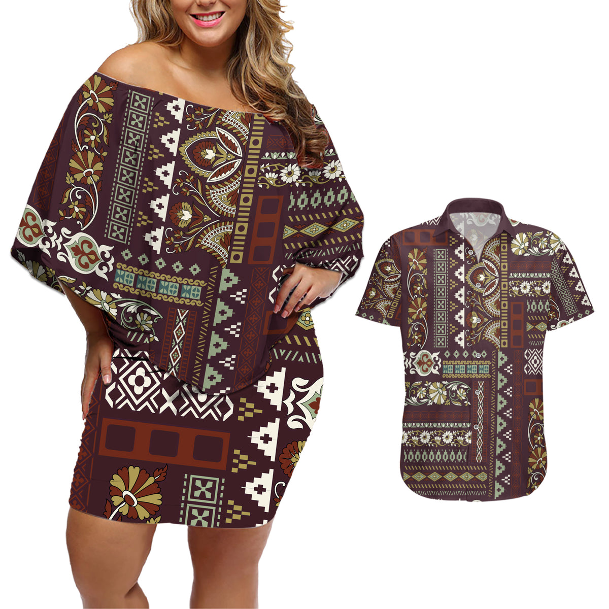 Persian Patchwork Pattern Couples Matching Off Shoulder Short Dress and Hawaiian Shirt Unique Brown - Wonder Print Shop