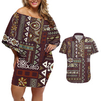 Persian Patchwork Pattern Couples Matching Off Shoulder Short Dress and Hawaiian Shirt Unique Brown - Wonder Print Shop