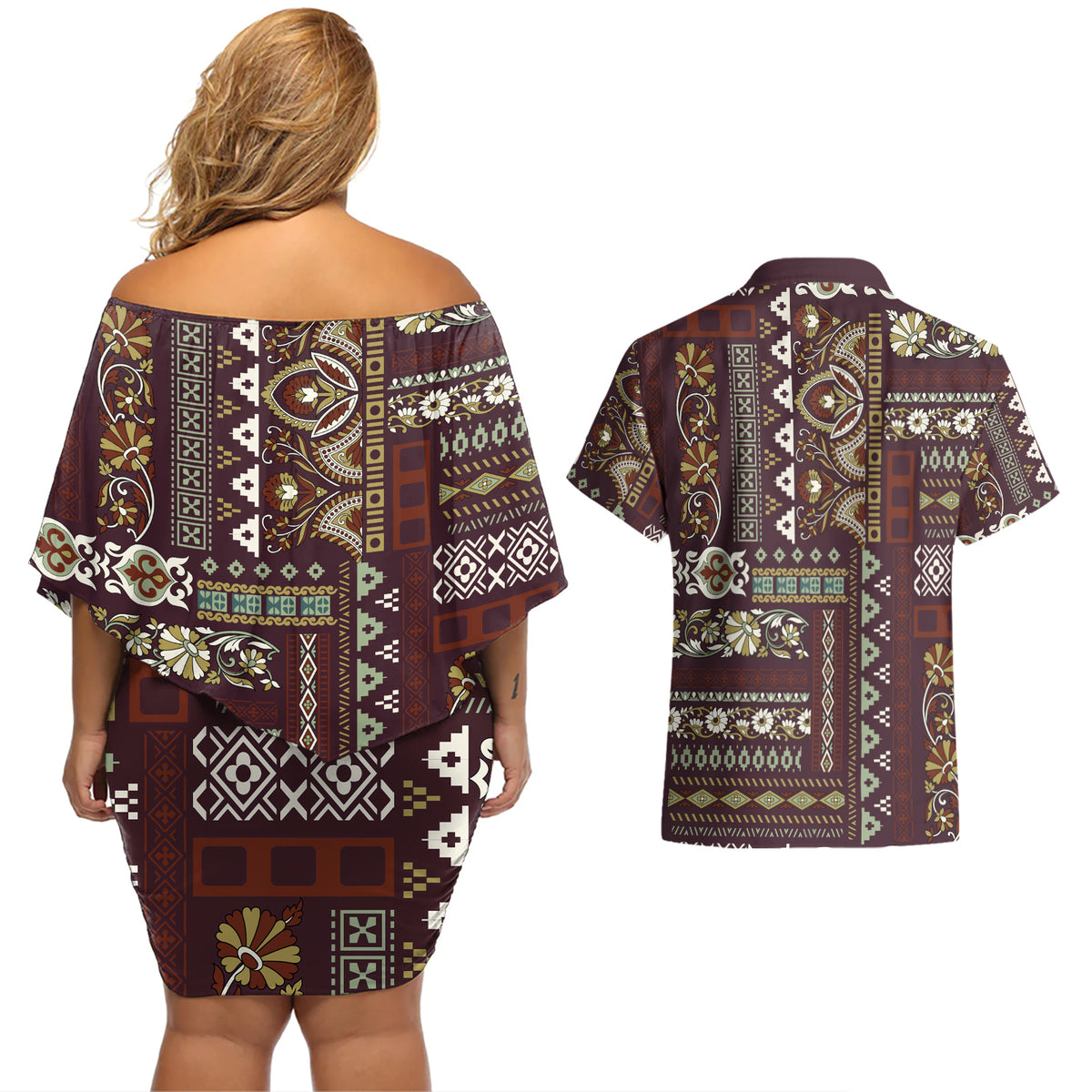 Persian Patchwork Pattern Couples Matching Off Shoulder Short Dress and Hawaiian Shirt Unique Brown - Wonder Print Shop