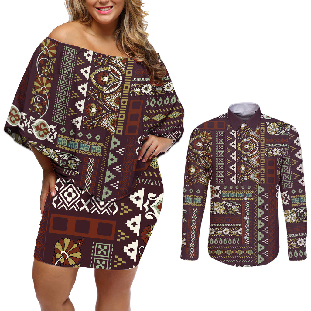 Persian Patchwork Pattern Couples Matching Off Shoulder Short Dress and Long Sleeve Button Shirt Unique Brown - Wonder Print Shop