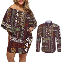 Persian Patchwork Pattern Couples Matching Off Shoulder Short Dress and Long Sleeve Button Shirt Unique Brown - Wonder Print Shop