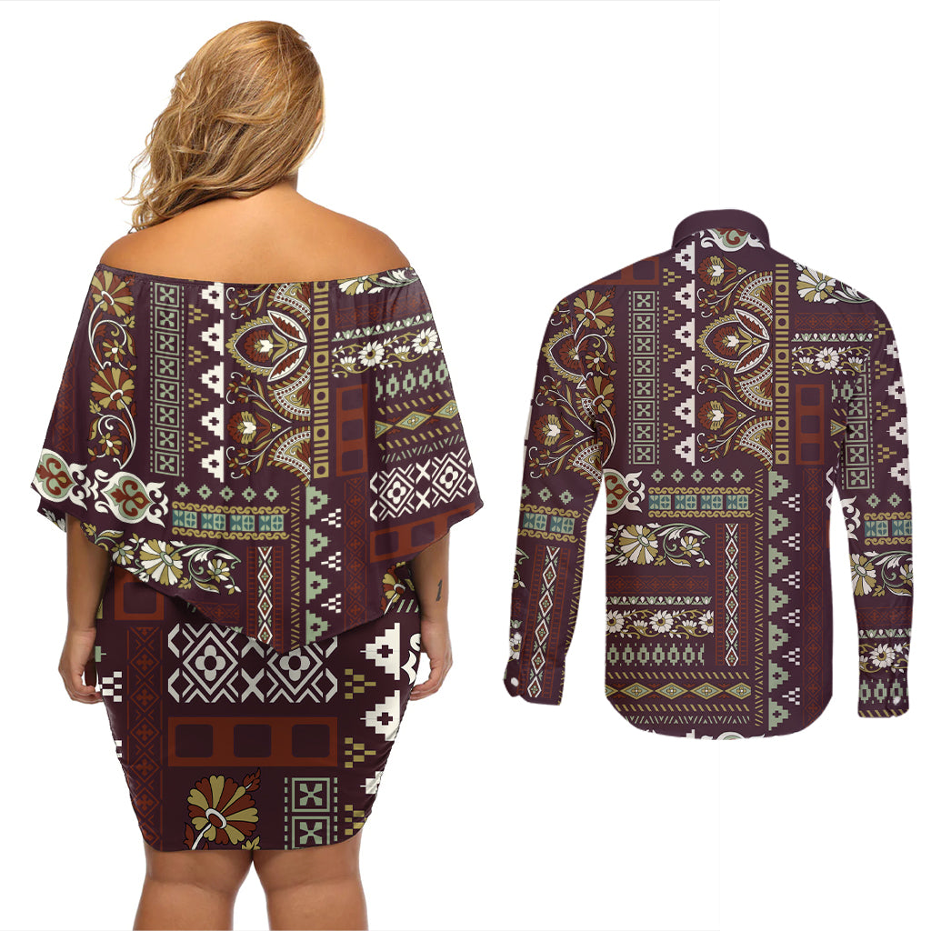 Persian Patchwork Pattern Couples Matching Off Shoulder Short Dress and Long Sleeve Button Shirt Unique Brown - Wonder Print Shop