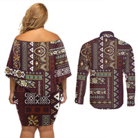 Persian Patchwork Pattern Couples Matching Off Shoulder Short Dress and Long Sleeve Button Shirt Unique Brown - Wonder Print Shop