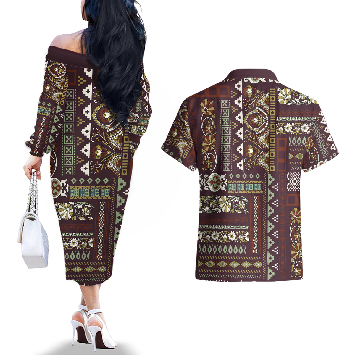 Persian Patchwork Pattern Couples Matching Off The Shoulder Long Sleeve Dress and Hawaiian Shirt Unique Brown - Wonder Print Shop