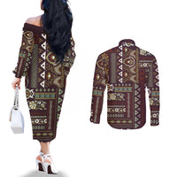 Persian Patchwork Pattern Couples Matching Off The Shoulder Long Sleeve Dress and Long Sleeve Button Shirt Unique Brown