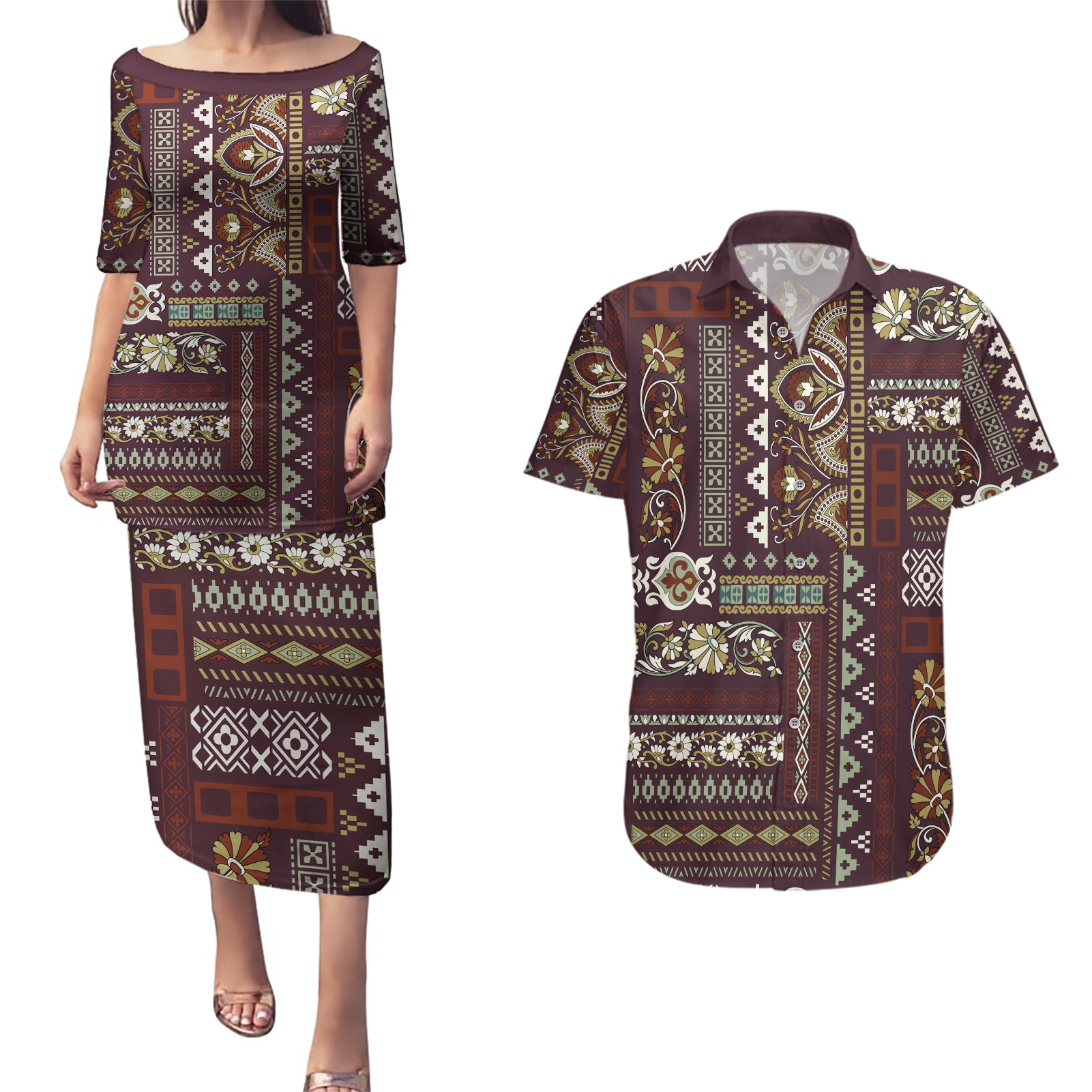 Persian Patchwork Pattern Couples Matching Puletasi and Hawaiian Shirt Unique Brown - Wonder Print Shop