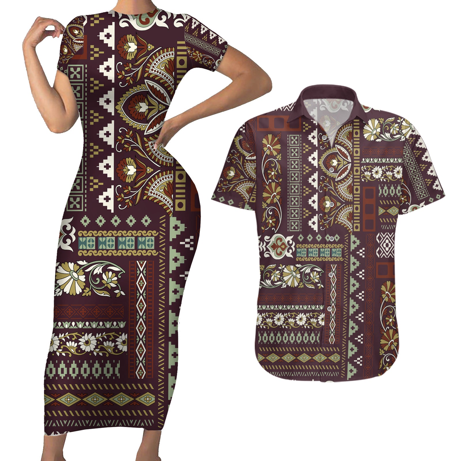 Persian Patchwork Pattern Couples Matching Short Sleeve Bodycon Dress and Hawaiian Shirt Unique Brown - Wonder Print Shop