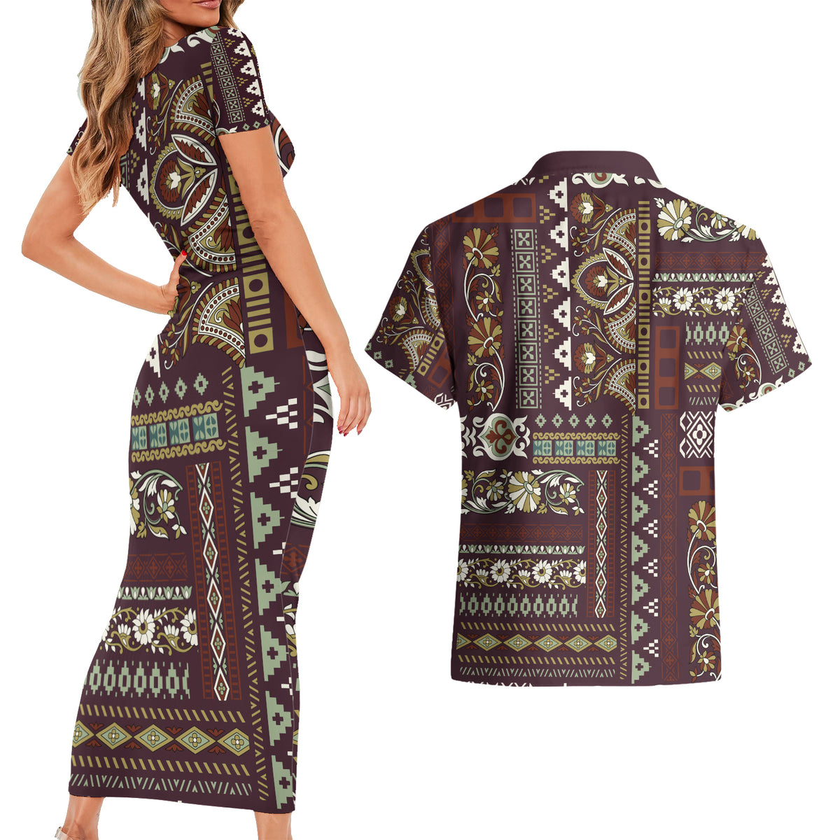 Persian Patchwork Pattern Couples Matching Short Sleeve Bodycon Dress and Hawaiian Shirt Unique Brown - Wonder Print Shop