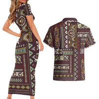 Persian Patchwork Pattern Couples Matching Short Sleeve Bodycon Dress and Hawaiian Shirt Unique Brown - Wonder Print Shop