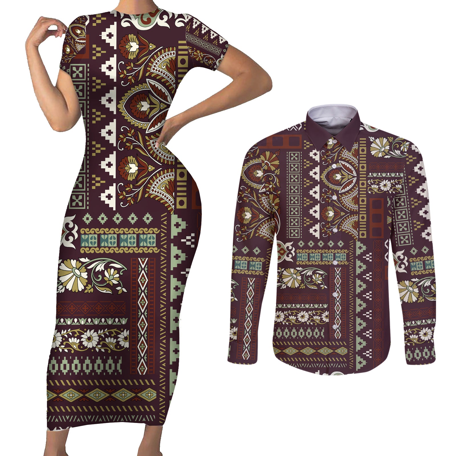 Persian Patchwork Pattern Couples Matching Short Sleeve Bodycon Dress and Long Sleeve Button Shirt Unique Brown - Wonder Print Shop