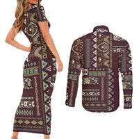 Persian Patchwork Pattern Couples Matching Short Sleeve Bodycon Dress and Long Sleeve Button Shirt Unique Brown - Wonder Print Shop