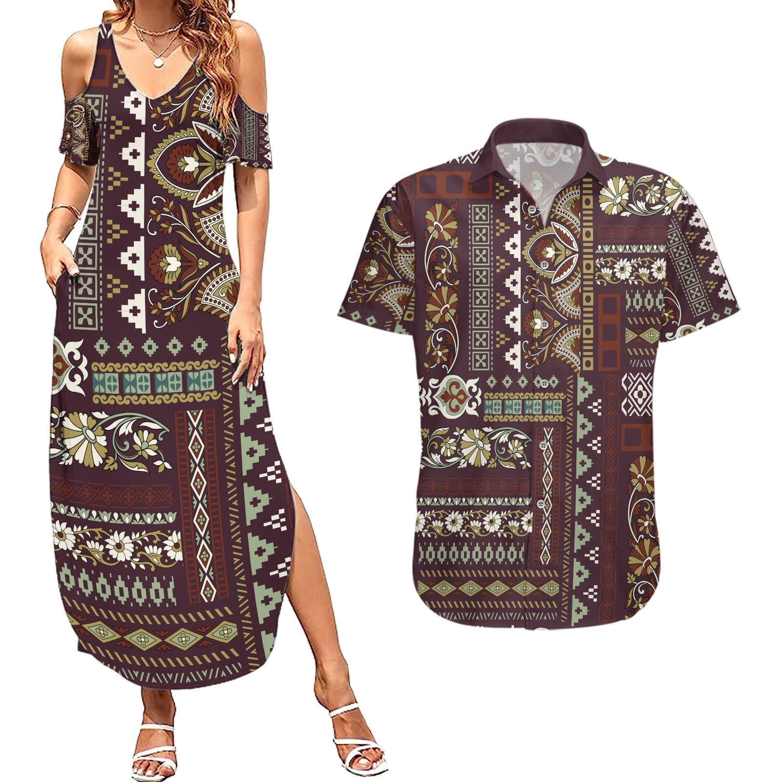 Persian Patchwork Pattern Couples Matching Summer Maxi Dress and Hawaiian Shirt Unique Brown - Wonder Print Shop