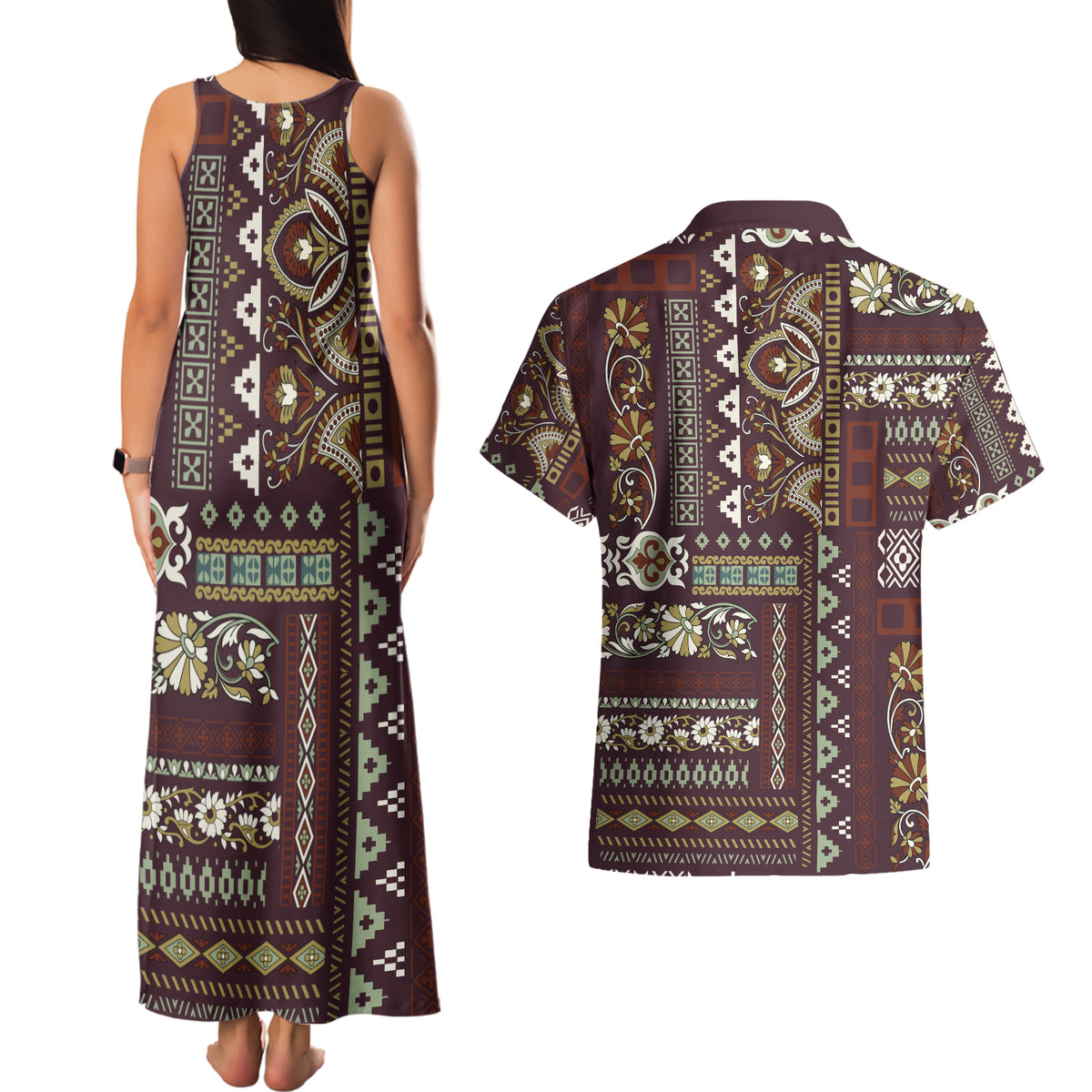 Persian Patchwork Pattern Couples Matching Tank Maxi Dress and Hawaiian Shirt Unique Brown - Wonder Print Shop