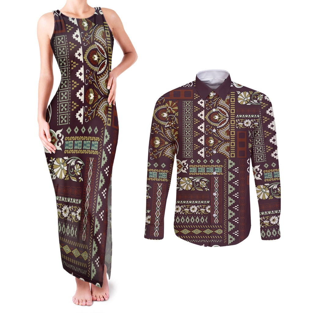 Persian Patchwork Pattern Couples Matching Tank Maxi Dress and Long Sleeve Button Shirt Unique Brown - Wonder Print Shop