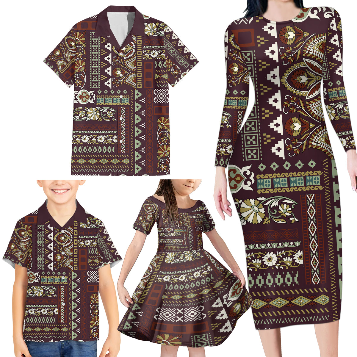 Persian Patchwork Pattern Family Matching Long Sleeve Bodycon Dress and Hawaiian Shirt Unique Brown - Wonder Print Shop